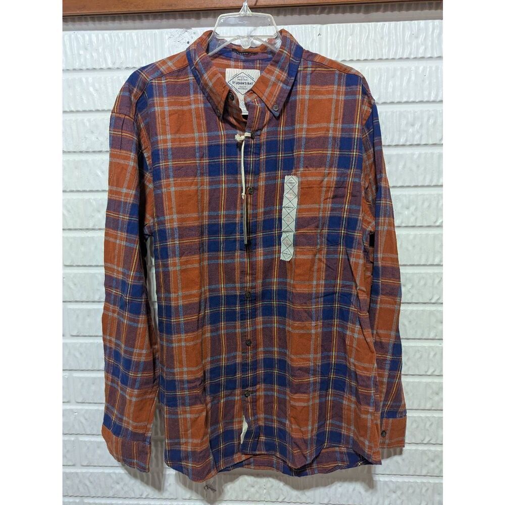 St. John's Bay Men's Orange & Blue Gingerbread Legacy Flannel Plaid Shirt Size L